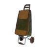 Foldable shopping trolley in faux leather with 2 wheels and olive green bag