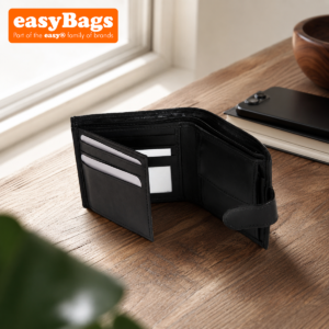 Black Leather Bifold Wallet with Sleek Security Snap Closure