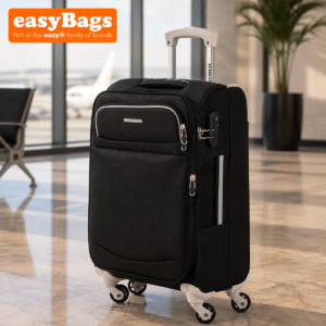 Fergana Soft Case Set Suitcase – Lightweight Expandable Fabric Check-in Luggage with Spinner Wheels, Telescopic Handle & Organised Interior for Travel (Black, 20 Inch - Small)